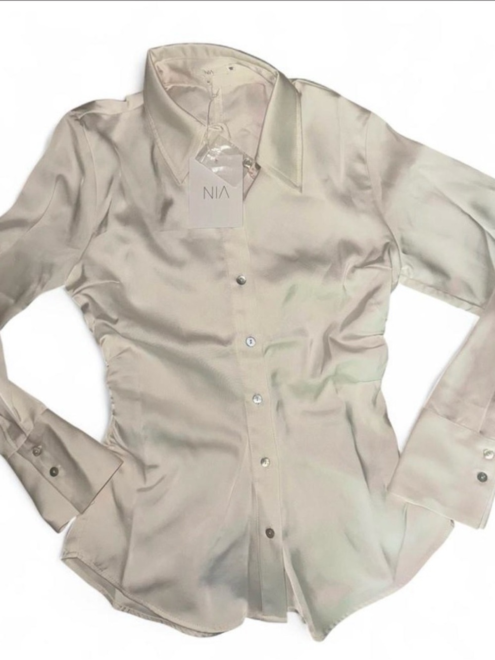NIA Women's Cream Satin Button-Down Blouse